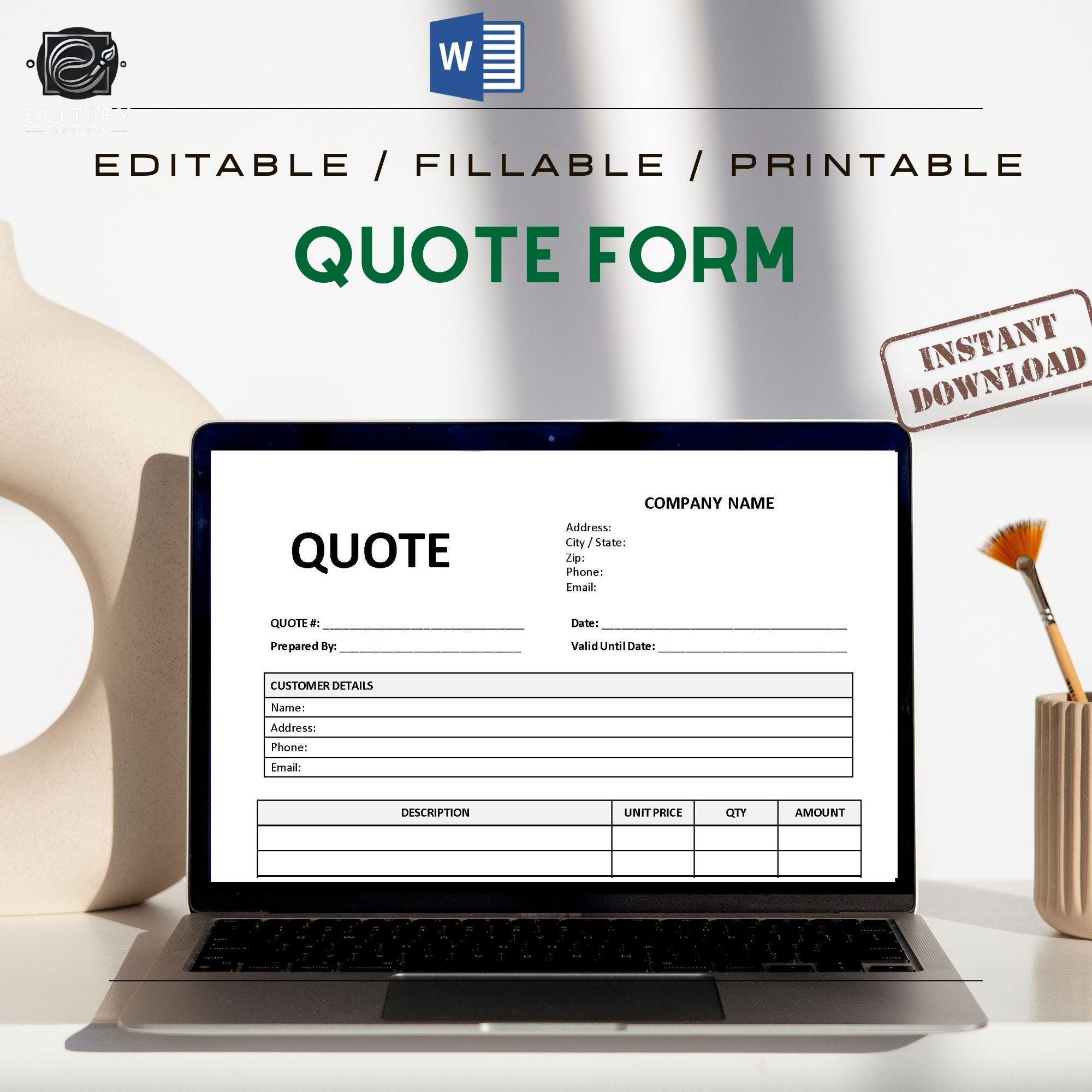 Example Craft Quote Form Editable Quote Form Template: Fillable Price Estimate (digital Download ...