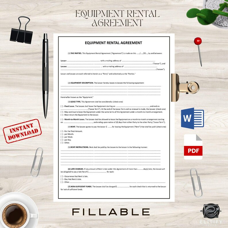 EQUIPMENT RENTAL AGREEMENT Template, Editable Fillable. Simple Lease ...