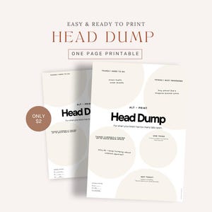 Op de afbeelding: Een wit printbaar document getiteld Head Dump met secties genaamd Things I Need To Do, Things I Must Remember, Things Currently Taking Up Much Brain Space, One Thing en Not Today, voorzien van beige cirkelvormen en zwarte tekst.