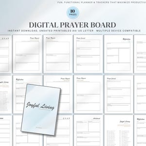May include: A digital prayer board printable with 10 pages. The printable includes sections for prayer requests, prayer journal, joyful living, and daily reflection. The printable is compatible with multiple devices and is available for instant download.