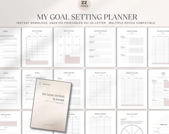 May include: A printable goal setting planner with 22 pages. The planner includes sections for goals, meal planning, habit tracking, books to read, expense tracking, income tracking, monthly results, and a balance wheel. The planner is designed for A4 or US letter size paper and is compatible with multiple devices.
