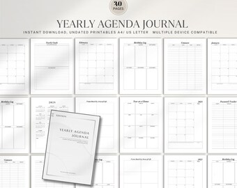 May include: A black and white printable yearly agenda journal with 20 pages. The journal includes monthly calendars, a birthday log, a password tracker, a year at a glance, and a vision board by area of life. The journal is available for instant download and is compatible with multiple devices.