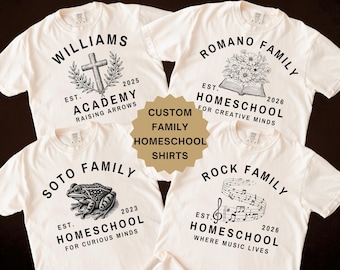 May include: Four white t-shirts with custom family homeschool designs. Each shirt features a family name, a graphic, and the words "EST. HOMESCHOOL" with a year and a tagline. The designs include a cross, flowers, a frog, and musical notes.