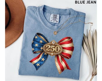 Americas 250 Year Anniversary Comfort Colors USA Shirt, Womens Patriotic T-Shirt, United States 250 Year Semiquincentennial Faux Bow Shirt