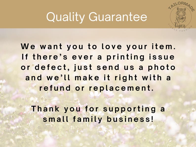 Peut inclure: Image avec le texte "Garantie de qualit&eacute;" et un message concernant les remboursements et les remplacements en cas de probl&egrave;mes d'impression. Le texte est sur un fond floral, avec un logo en haut &agrave; droite.