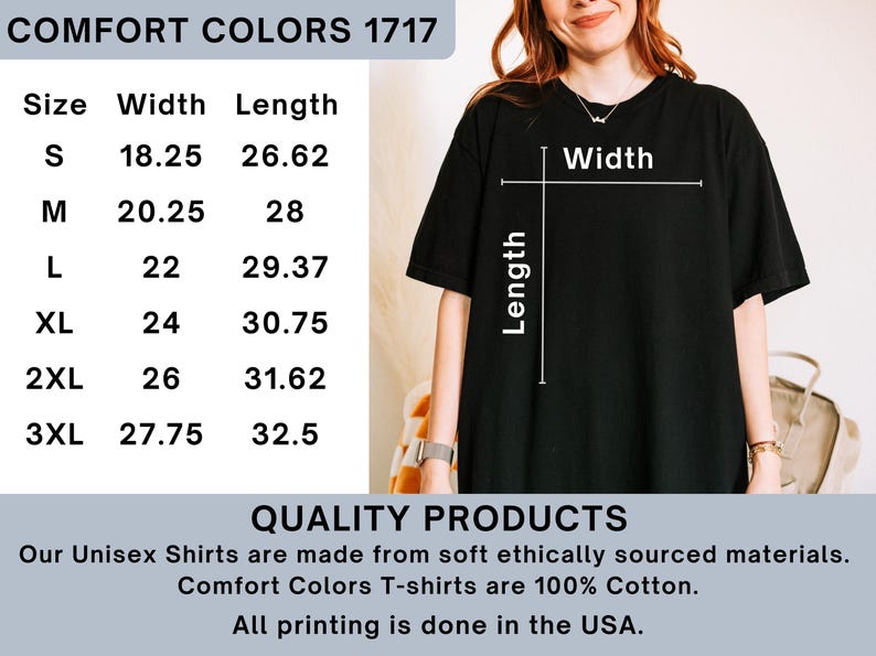 Puede incluir: Camiseta negra con detalles de talla y medidas. El ancho y el largo de la camiseta se muestran en pulgadas. Tambi&eacute;n se ve el texto "COMFORT COLORS 1717" y "QUALITY PRODUCTS". La camiseta es 100% algod&oacute;n.