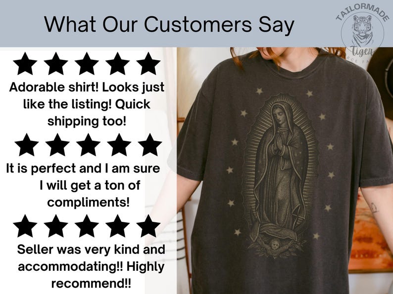 Puede incluir: Camiseta gris oscuro con una ilustraci&oacute;n detallada de una figura religiosa, rodeada por un halo y estrellas. La camiseta tiene el texto "What Our Customers Say" y rese&ntilde;as de clientes con calificaciones por estrellas. Estilo c&oacute;modo e informal.