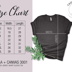 May include: Size chart for a Bella + Canvas 3001 unisex jersey short sleeve tee. The chart shows the width and length measurements in inches for sizes XS to 3XL.