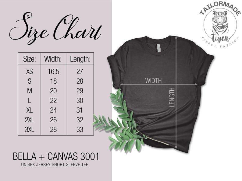 May include: Size chart for a Bella + Canvas 3001 unisex jersey short sleeve tee. The chart shows the width and length measurements in inches for sizes XS to 3XL.