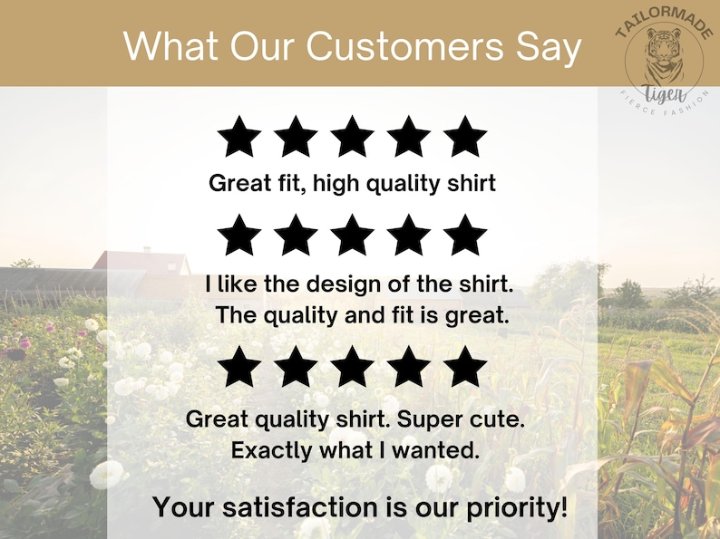May include: Image featuring customer reviews with star ratings and text: "Great fit, high quality shirt," "I like the design of the shirt. The quality and fit is great," and "Great quality shirt. Super cute. Exactly what I wanted." The text "What Our Customers Say" is at the top.