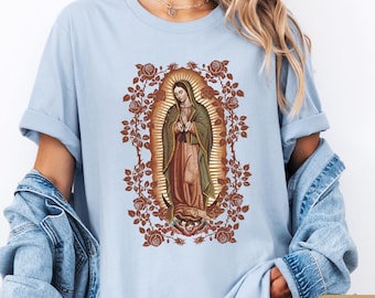 Our Lady of Guadalupe Virgin Mary Shirt, Rose Lace Blessed Mother TShirt, Catholic Sweater, Religious Shirt, Gift for Mexican Catholic Mom