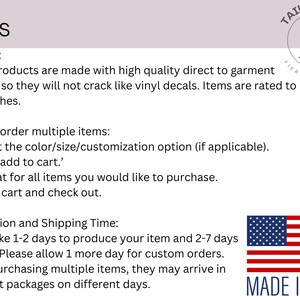 May include: FAQs about printing, ordering, and shipping times for custom apparel. The text mentions direct-to-garment printing, color/size/customization options, and a 1-2 day production time. The image also includes a "Made in USA" label.