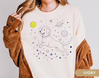 Camiseta de Labrador Retriever, camiseta vintage de Labrador con diseño de perro del espacio exterior, regalo divertido para mamá labradora, camiseta divertida de Labrador chocolate, camiseta de Labrador negro