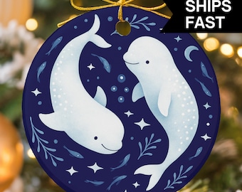 Adorno de ballena beluga 2025, decoración navideña costera, adorno navideño de cerámica con forma de ballena