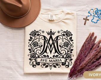 Camiseta Ave María, camiseta católica de la Virgen María, regalo católico para mujer, camiseta de la Santísima Madre, regalo para los amantes del rosario para madrinas o mamás católicas.