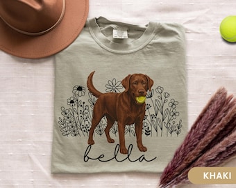 Personalized Chocolate Lab Gift Custom Chocolate Labrador Shirt for Lab Mom Comfort Colors Tennis Ball Wildflower Dog Tee for New Dog Owner