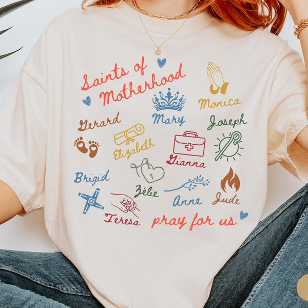 Catholic Saint Doodle Shirt for Women Religious Motherhood Gift New Catholic Mom Birthday Gift Mothers Day TShirt St Gerard Jude Mary Gianna
