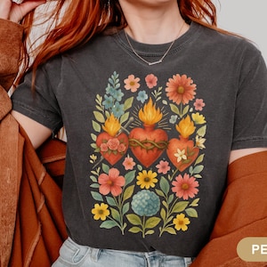 Holy Family Hearts Catholic Shirt Sacred Heart of Jesus TShirt Virgin Mary Shirt Saint Joseph Tee Boho Christian Shirt Gift for Mom Grandma