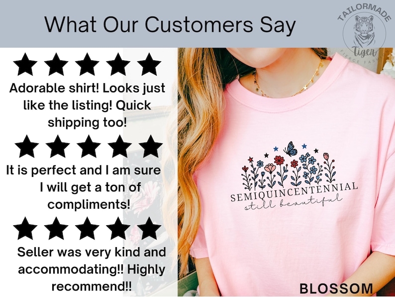 May include: A light pink t-shirt with a floral design featuring a butterfly and the text "SEMIQUINCENTENNIAL still beautiful." The shirt has a round neckline and short sleeves. The word "BLOSSOM" is at the bottom right.