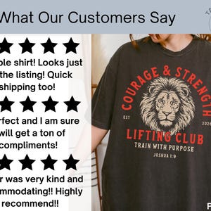 May include: Dark gray t-shirt with a lion graphic and the words "Courage & Strength" and "Lifting Club" in red. The shirt also includes the text "Train with Purpose" and "Joshua 1:9".