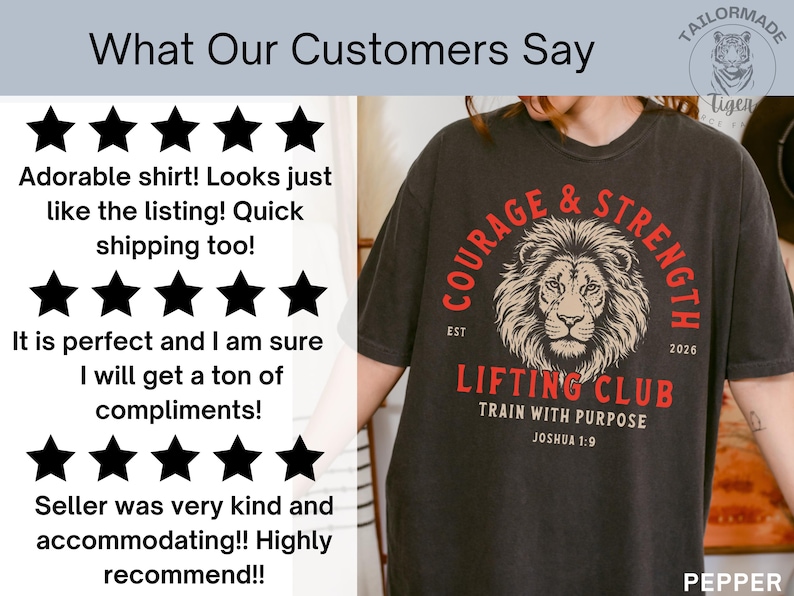 May include: Dark gray t-shirt with a lion graphic and the words "Courage & Strength" and "Lifting Club" in red. The shirt also includes the text "Train with Purpose" and "Joshua 1:9".