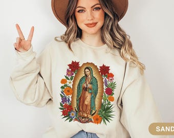 Our Lady of Guadalupe Virgin Mary Shirt, Floral Blessed Mother TShirt, Catholic Sweater, Religious Shirt, Gift for Mexican Catholic Mom