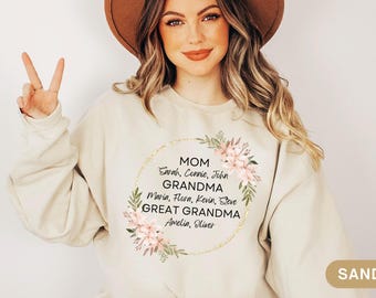 Spersonalizowana bluza z imionami dla dzieci, prezent dla mamy i prababci na Dzień Matki, sweter Gigi Mimi, ogłoszenie o ciąży