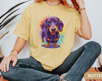 Camiseta Dachshund Neon Y2k para mujer, colores cómodos, divertida camiseta para mamá Dachshund, regalo de perro Doxie con salpicaduras de pintura para hija, linda camiseta de perro salchicha