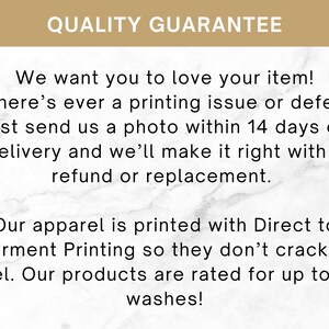 May include: A white marble background with text that reads "QUALITY GUARANTEE." The text below explains the seller's commitment to customer satisfaction, offering refunds or replacements for printing defects within 14 days.