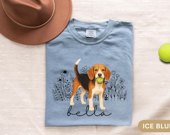 Personalized Beagle Shirt Custom Beagle Gift for Dog Mom Comfort Colors Tennis Ball Beagle Floral Tee Dog Name Shirt Pet Memorial Gift
