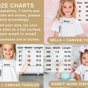 Puede incluir: Tabla de tallas para ropa para ni&ntilde;os Bella + Canvas y bodies Rabbit Skins. La tabla muestra las medidas de ancho y largo en pulgadas para cada talla.