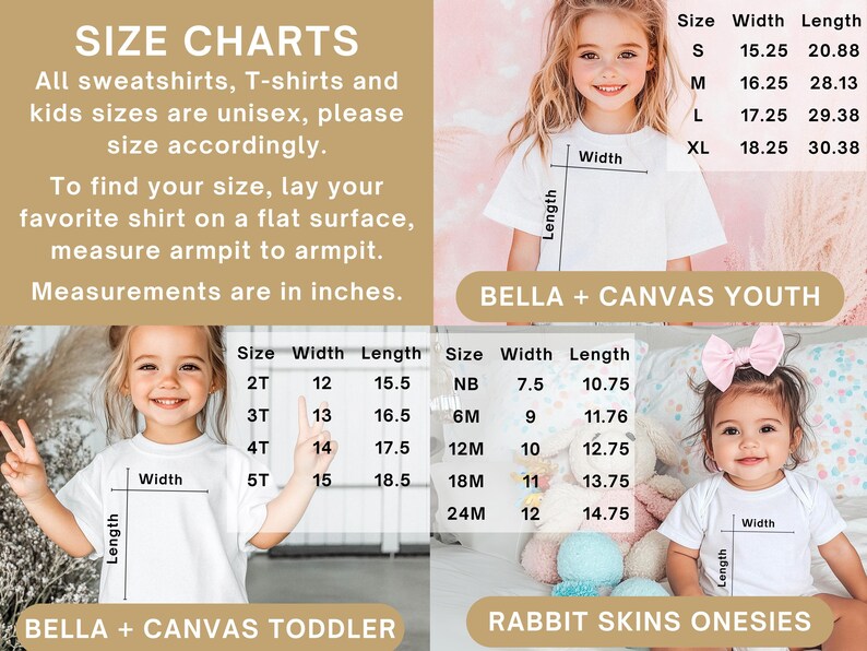 Puede incluir: Tabla de tallas para ropa para ni&ntilde;os Bella + Canvas y bodies Rabbit Skins. La tabla muestra las medidas de ancho y largo en pulgadas para cada talla.