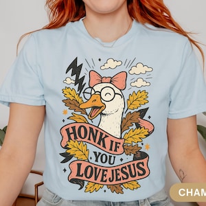 Puede incluir: Camiseta azul claro con un dibujo de un ganso con gafas y un lazo rosa. El ganso est&aacute; rodeado de hojas y el texto "HONK IF YOU LOVE JESUS" aparece en una pancarta. La camiseta es de un material suave.