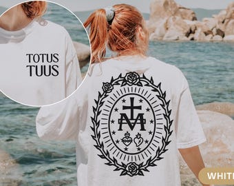 Virgin Mary T Shirt Marian Catholic Shirt Totus Tuus Miraculous Medal Tee Catholic Gift for Women Confirmation Girl Homeschool Mom Floral
