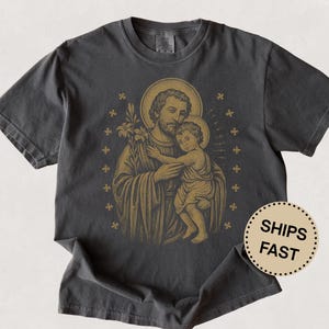 Sankt Josef-skjorta katolsk klädsel herr-T-shirt komfortfärger tro-T-shirt gåva pappa morfar make Sankt Josef barn Jesus T-shirt
