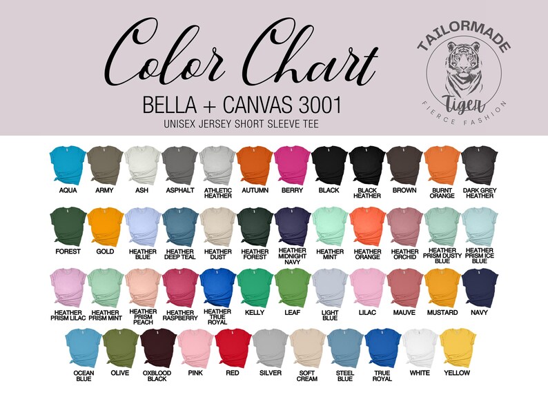 May include: Color chart for Bella + Canvas 3001 unisex jersey short sleeve t-shirts. The chart shows a variety of colors, including aqua, army, ash, asphalt, athletic heather, autumn, berry, black, heather black, brown, burnt orange, dark grey heather, forest, gold, heather blue, heather deep teal, heather dust, heather forest, heather midnight navy, heather mint, heather orange, heather orchid, heather prism dusty blue, heather prism ice blue, heather prism lilac, heather prism mint, heather peach, heather raspberry, heather true royal, kelly, leaf, light blue, lilac, mauve, mustard, navy, ocean blue, olive, oxblood black, pink, red, silver, soft cream, steel blue, true royal, white, and yellow.
