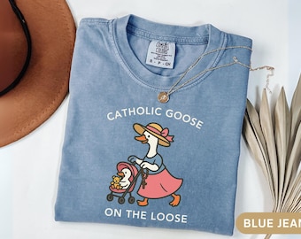 Katholisches Mom Shirt Lustiges, religiöses dummes Gans Shirt, katholische Homeschool Mom Comfort Farben T-Shirt, katholische Geschenk, neue Mutter Shirt, Rosenkranz T-Shirt
