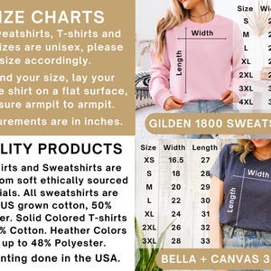 Puede incluir: Tabla de tallas para sudaderas y camisetas Gildan 1800 y Bella + Canvas 3001. La tabla muestra las medidas de ancho y largo en pulgadas para las tallas XS a 4XL.