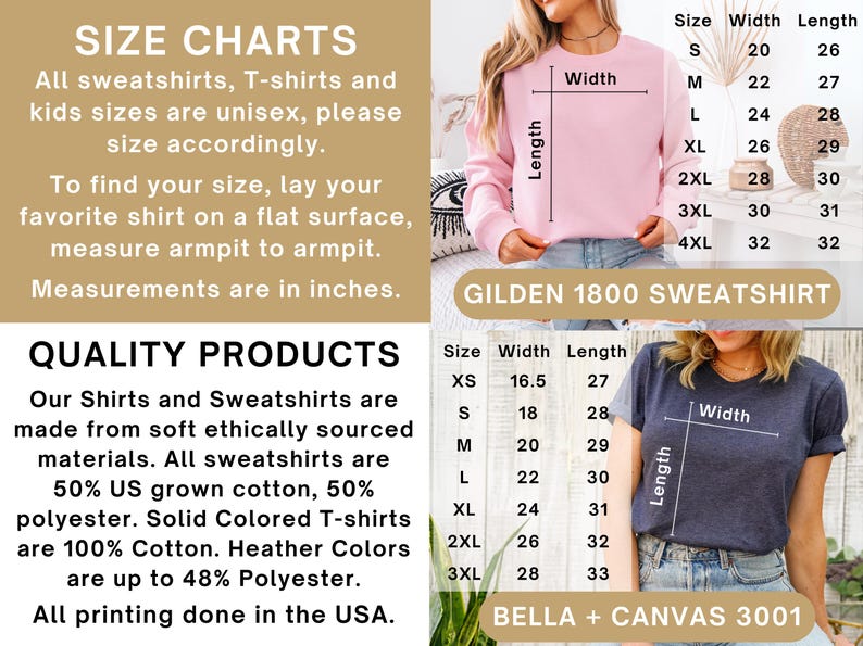 Puede incluir: Tabla de tallas para sudaderas y camisetas Gildan 1800 y Bella + Canvas 3001. La tabla muestra las medidas de ancho y largo en pulgadas para las tallas XS a 4XL.