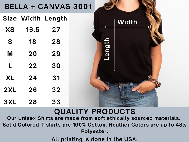 Pode incluir: T-shirt preta com tabela de tamanhos e medidas em cent&iacute;metros. A tabela lista os tamanhos XS a 3XL, com as larguras e comprimentos correspondentes. A t-shirt &eacute; feita de materiais macios e de origem &eacute;tica.