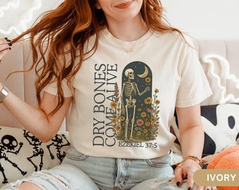 Koszulka chrześcijańska szkieletowa, koszulka Dry Bones Come Alive, katolicka koszulka boho, koszulka z wersetem biblijnym na Halloween, kolorowe, prezent religijny na jesień