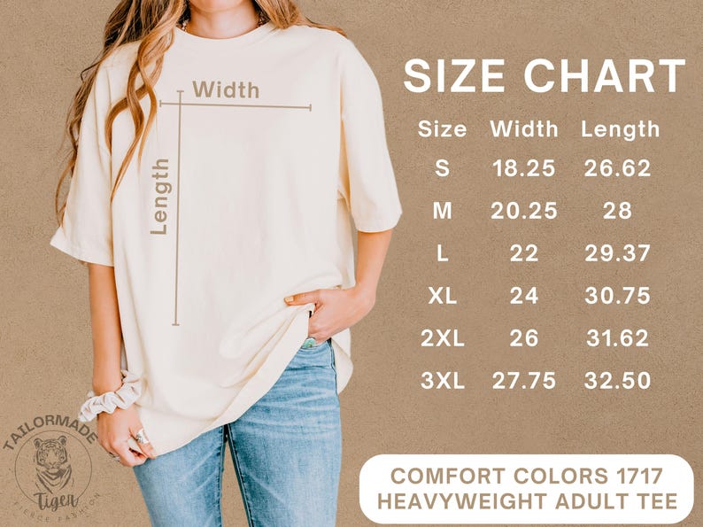 Peut inclure: Un t-shirt adulte cr&egrave;me avec un tableau des tailles. Le tableau indique les tailles S &agrave; 3XL, avec des mesures de largeur de 46,35 &agrave; 70,49 cm et des longueurs de 67,62 &agrave; 82,55 cm. Le t-shirt est &eacute;tiquet&eacute; Comfort Colors 1717 Heavyweight.