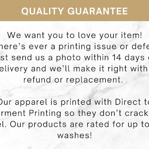 May include: Text on a white marble background reads "QUALITY GUARANTEE." The text below states the seller wants you to love your item and offers refunds or replacements for printing issues within 14 days.