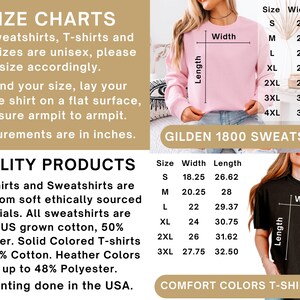 K&ouml;nnte beinhalten: Bild mit Gr&ouml;&szlig;entabellen f&uuml;r Sweatshirts und T-Shirts, mit Ma&szlig;en in Zoll. Es werden die verwendeten Materialien aufgef&uuml;hrt, darunter 50 % in den USA angebaute Baumwolle und 50 % Polyester. Der Text besagt auch, dass der gesamte Druck in den USA erfolgt.