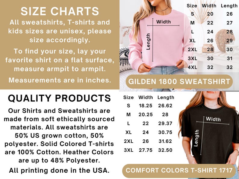 K&ouml;nnte beinhalten: Bild mit Gr&ouml;&szlig;entabellen f&uuml;r Sweatshirts und T-Shirts, mit Ma&szlig;en in Zoll. Es werden die verwendeten Materialien aufgef&uuml;hrt, darunter 50 % in den USA angebaute Baumwolle und 50 % Polyester. Der Text besagt auch, dass der gesamte Druck in den USA erfolgt.