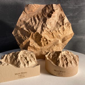Może przedstawiać: Modele górskie wykonane z drewna, w tym duży sześciokątny element oraz dwa mniejsze cylindryczne i prostokątne elementy. Modele są jasnobrązowe i posiadają szczegółowe rzeźbienia terenu górskiego. Tekst "Mont Blanc" i wymiary są widoczne.