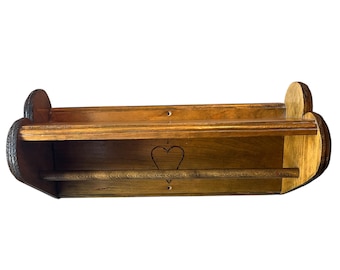 Handmade Vintage Walnut Shelf with Hanging Rod and Heart Accents