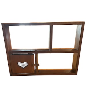 Vintage 80s Wooden Shelf Unit Featuring a Heart-Shaped Cut Out on the Small Door.