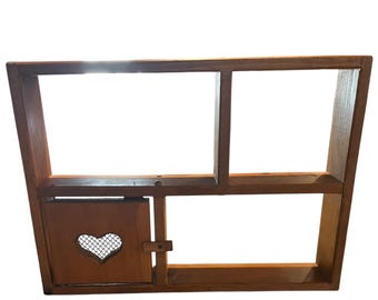 Vintage 80s Wooden Shelf Unit Featuring a Heart-Shaped Cut Out on the Small Door.