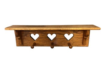 Vintage Oak Heart Wall Shelf with Pegs, 19" Long.
